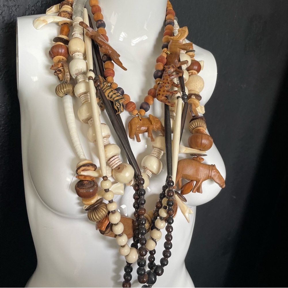 Vintage ethnic mixed media figurine carved wood seeds bone 3 necklaces Bundle